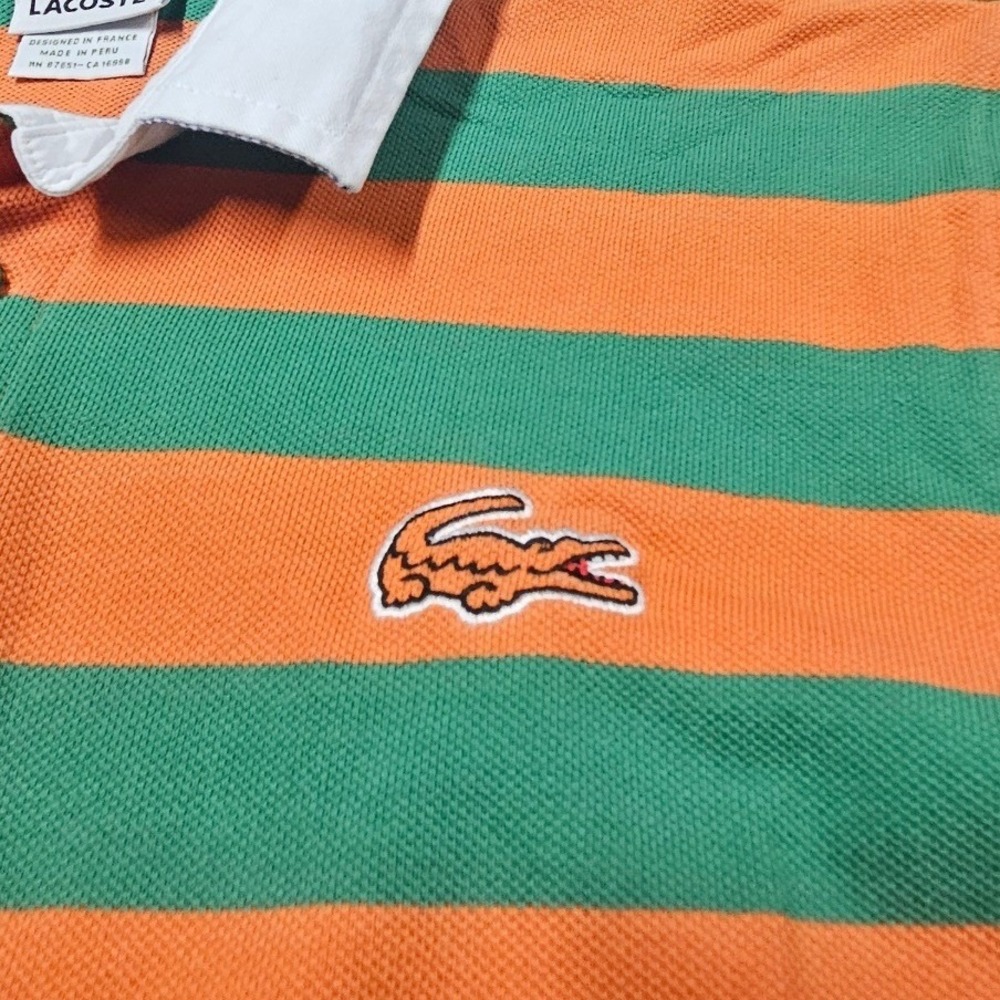 Lacoste Mens Striped Long Sleeve Rugby Polo Shirt Orange Green Size L - Picture 2 of 9